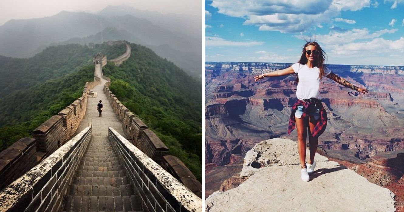 10 passeios virtuais para dar a qualquer pessoa em casa um gostinho de viagem 1 descendo a grande muralha da china em um dia nublado, uma garota tira uma selfie no grand canyon