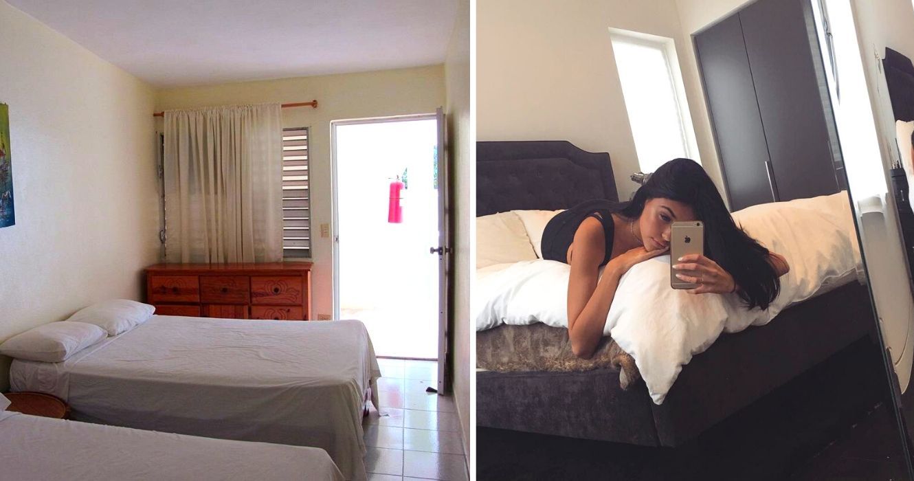 Como garantir que seu hotel barato não cause percevejos 1 a vista de um quarto de hotel barato, uma garota tirando uma selfie enquanto estava deitada em uma cama
