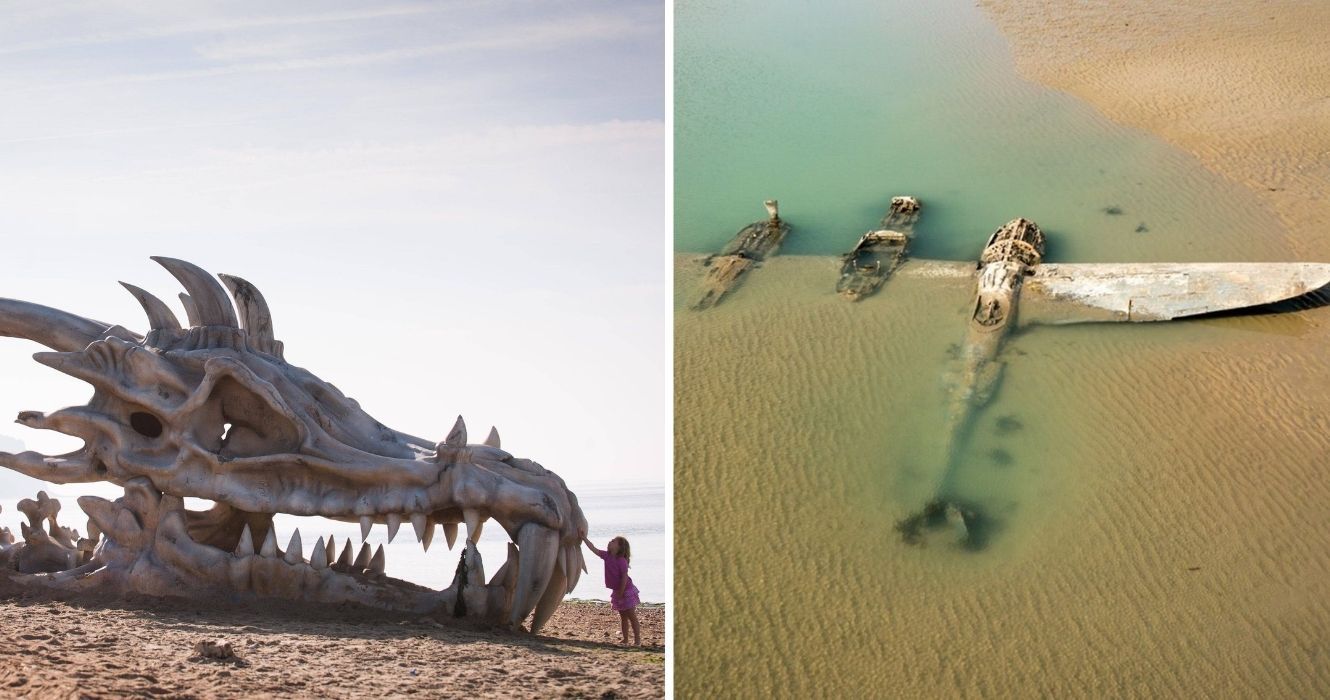 Legos gigantes e fósseis estranhos: as coisas mais estranhas já encontradas nas praias 1 um crânio de dragão em uma praia, um avião da segunda guerra mundial chega à costa