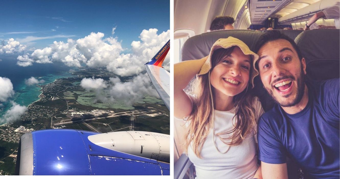 a vista de uma janela na Southwest Airlines, um casal tira uma selfie no avião
