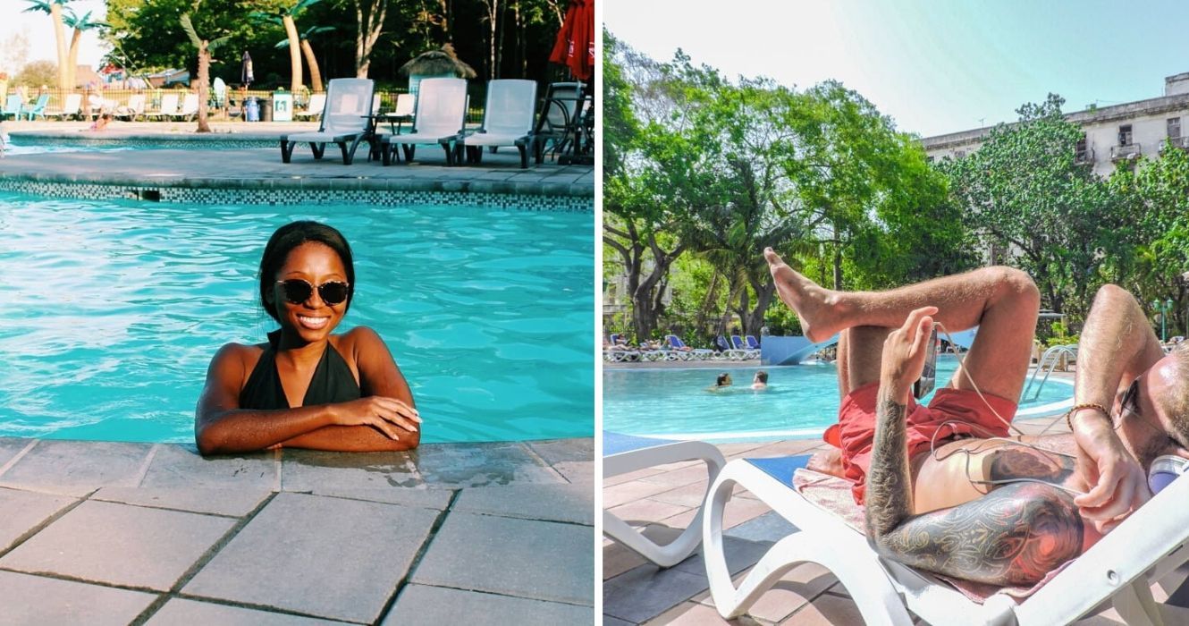 O que procurar ao escolher o resort com tudo incluído certo em Cuba 1 uma mulher relaxa na piscina de um resort em cuba, um homem ouve música à beira da piscina