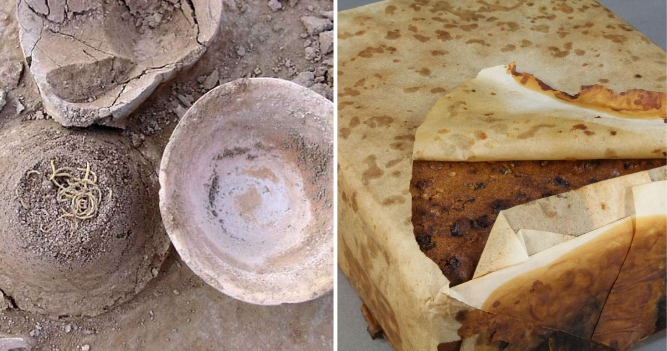 Os alimentos mais antigos já descobertos incluíam bolo de frutas e 'queijo de túmulo' 1 macarrão antigo encontrado na china, um bolo de frutas encontrado na antártica