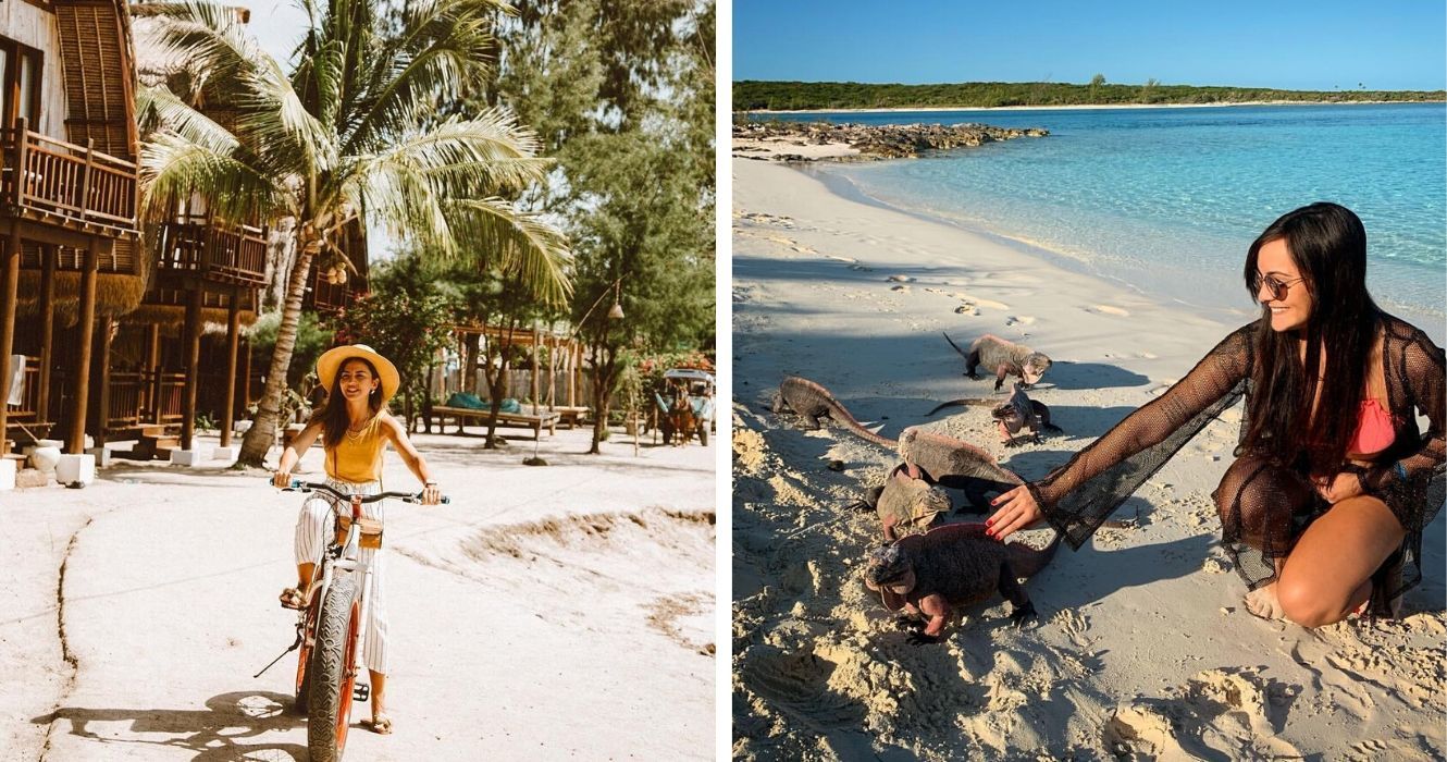uma garota anda de bicicleta por long island nas bahamas, um turista acaricia uma iguana em guana cay