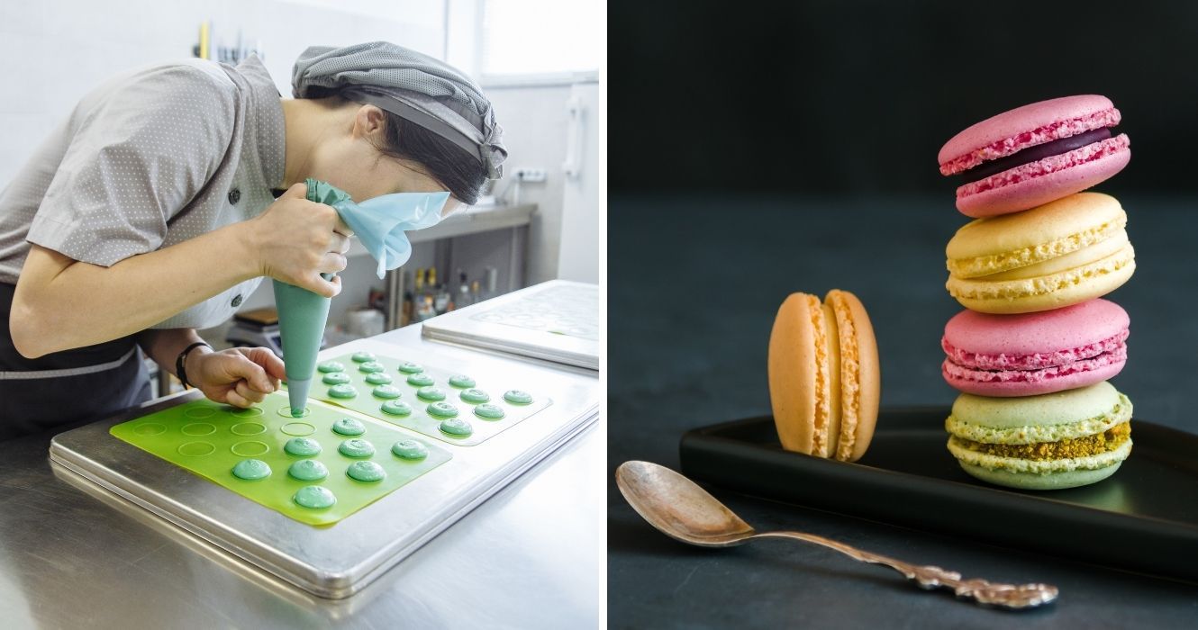 Um guia alimentar francês: por que os macarons são tão caros e difíceis de fazer? 1 um padeiro fazendo macarons, uma pilha de macarons com sabor