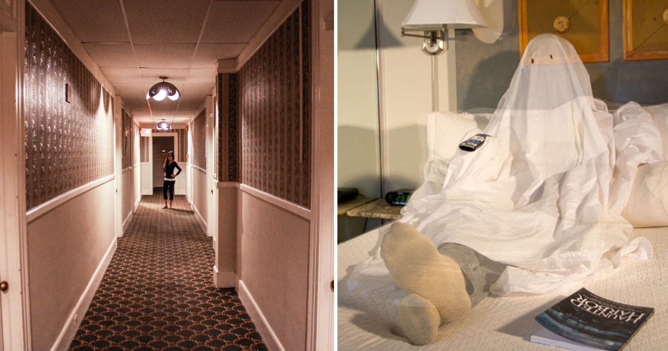 10 coisas assustadoras que as pessoas testemunharam enquanto viajavam 1 uma garota caminha por um corredor assustador de hotel, um fantasma falso lê o jornal na cama