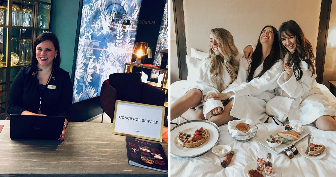10 coisas surpreendentes que os funcionários do hotel notam sobre os hóspedes quando fazem check-in 1 um porteiro sorri por trás do balcão do hotel, meninas tomando café da manhã na cama em um quarto de hotel