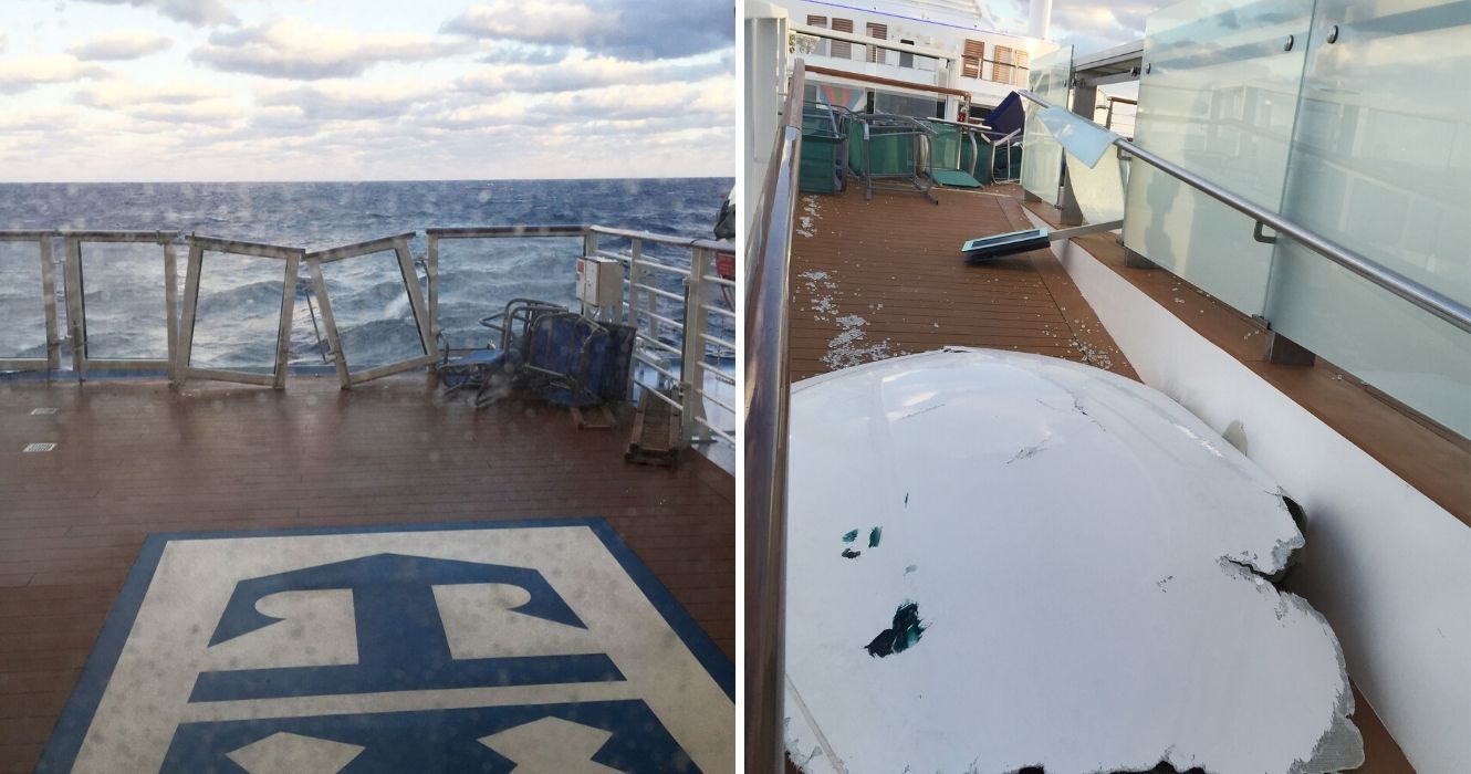 um navio de cruzeiro sofre danos massivos após passar por uma tempestade no atlântico