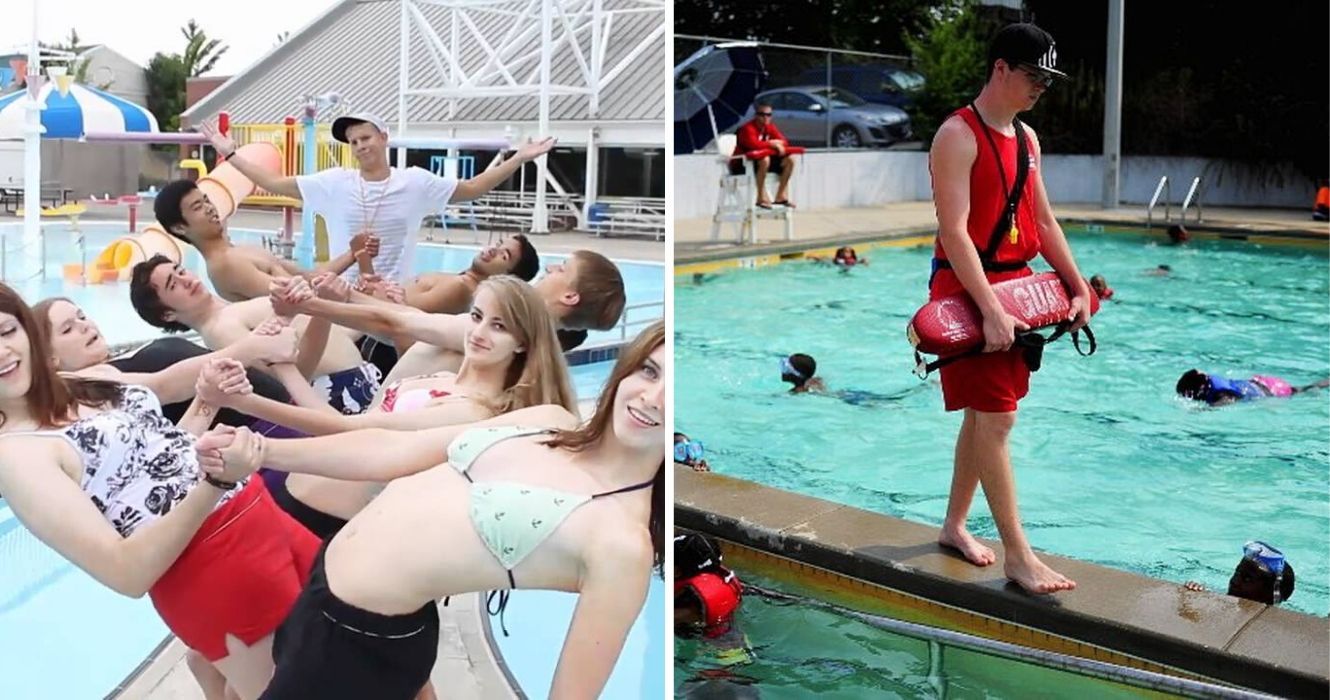 10 fotos de salva-vidas de piscina com coisas melhores para fazer do que salvar vidas 1 salva-vidas coreografam uma dança na piscina, um salva-vidas faz uma verificação na piscina