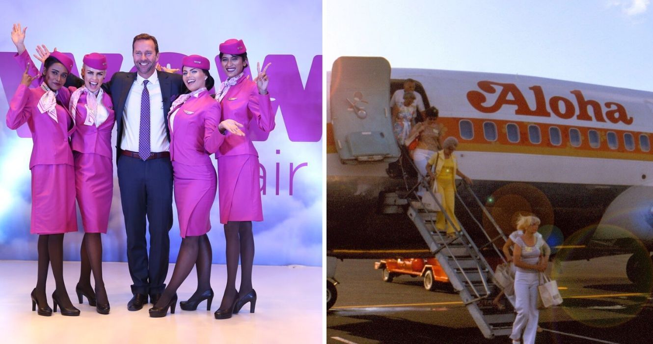 10 tristes companhias aéreas com as quais ninguém nunca mais voará 1 a tripulação de uma companhia aérea wow, embarcando em um avião da aloha airlines