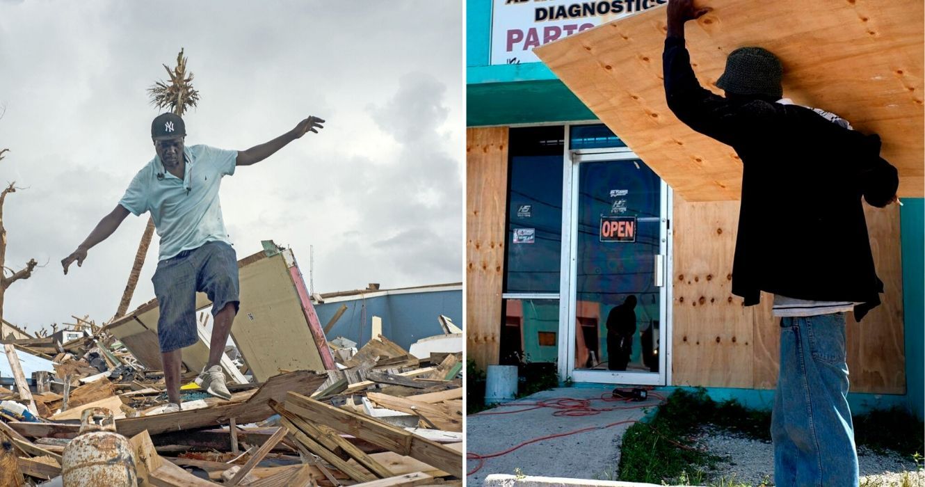 12 fotos que mostram como essas ilhas nas Bahamas estão agora (depois de Dorian) 1 um homem caminha sobre os escombros deixados pelo furacão dorian, um homem trabalha para fechar um negócio nas bahamas