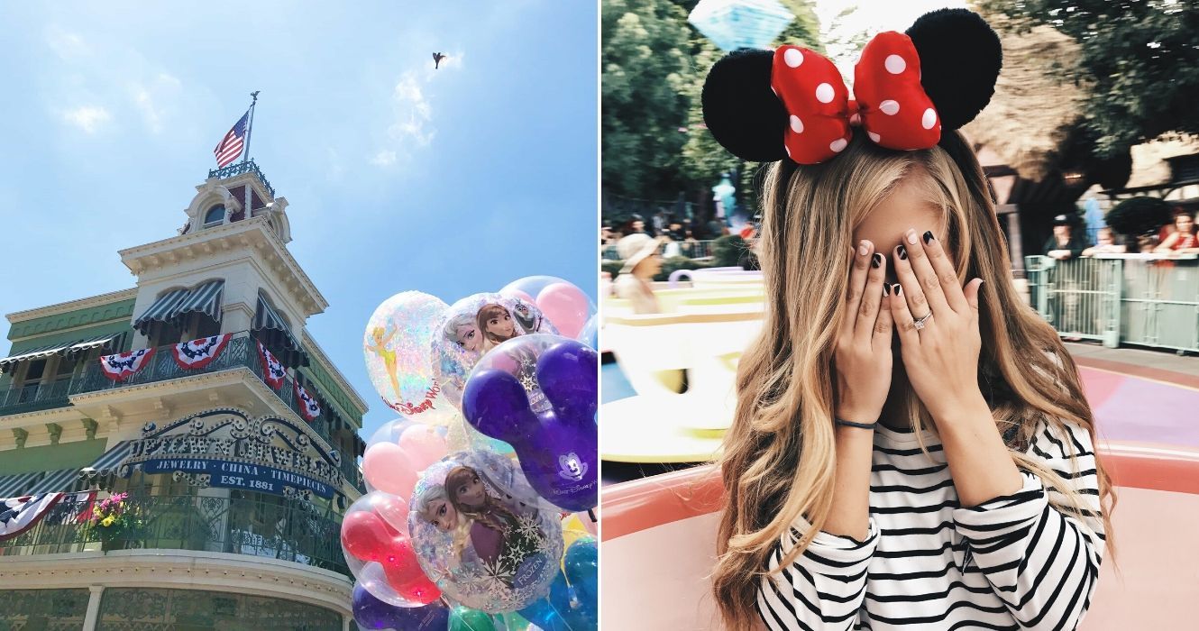 Indo para a Disney? Aqui estão alguns segredos pouco conhecidos sobre o parque temático 4 Bandeiras e balões congelados no Magic Kingdom na Disney World/garota usando orelhas de rato em um passeio de xícara de chá cobrindo o rosto