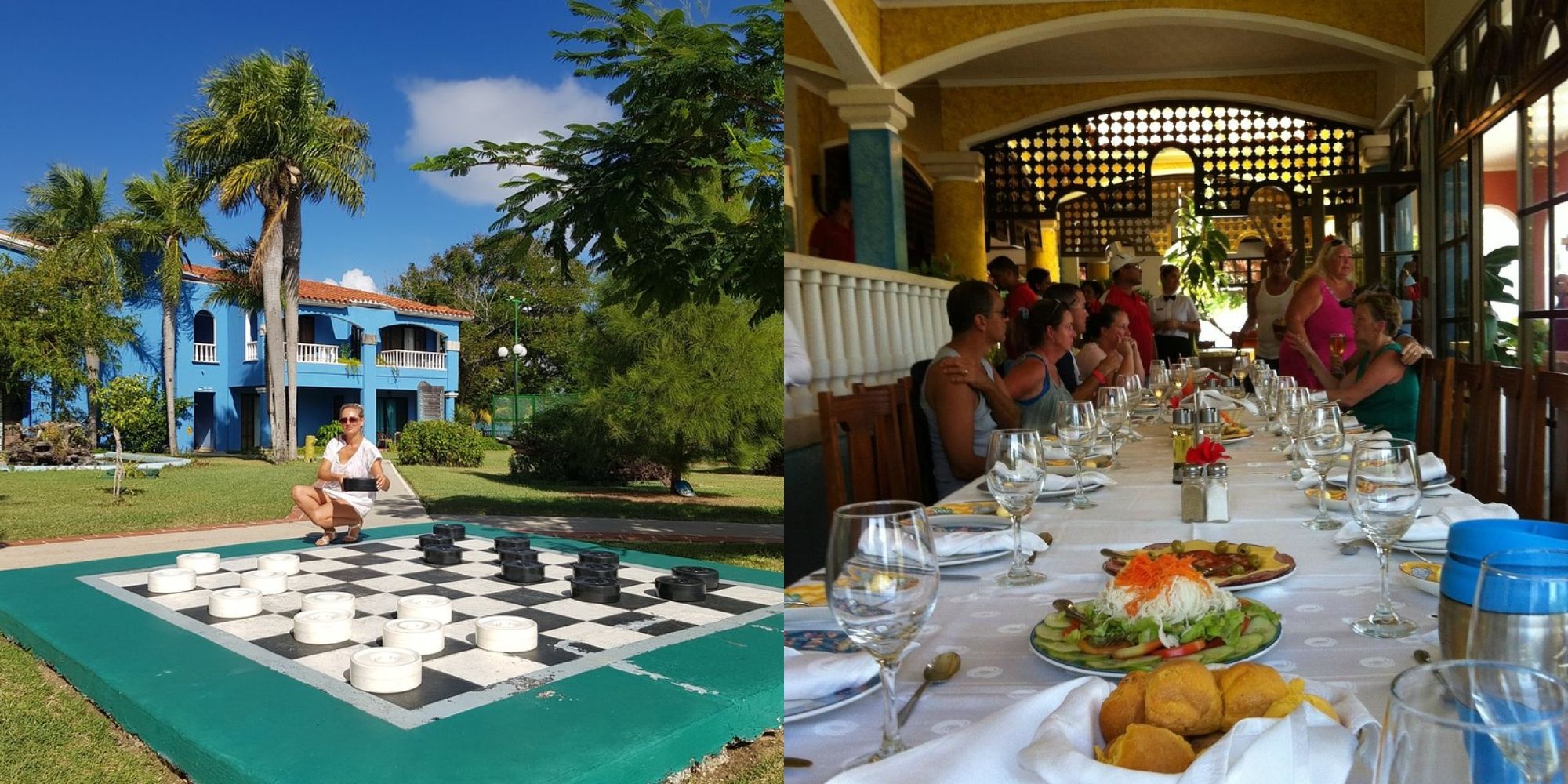 Estes resorts deslumbrantes no Caribe só parecem caros 3 prédios palmeiras tabuleiro de xadrez e pessoas jantando