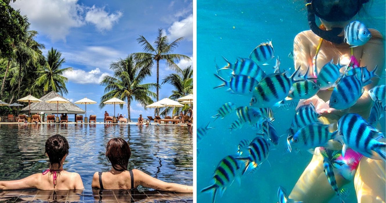 As avaliações do Trip Advisor confirmam: esses resorts com tudo incluído nas Ilhas Virgens valem o preço 1 duas garotas relaxam na piscina de um resort nas ilhas virgens, uma garota vai mergulhar com peixes tropicais