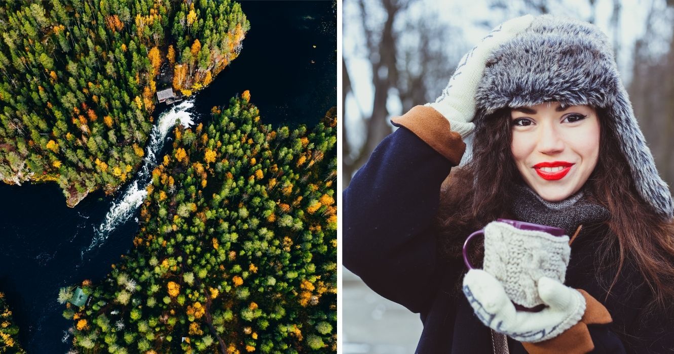 A Finlândia é o país mais feliz do mundo, e aqui estão todos os motivos 1 uma vista aérea da Finlândia, uma mulher segurando café