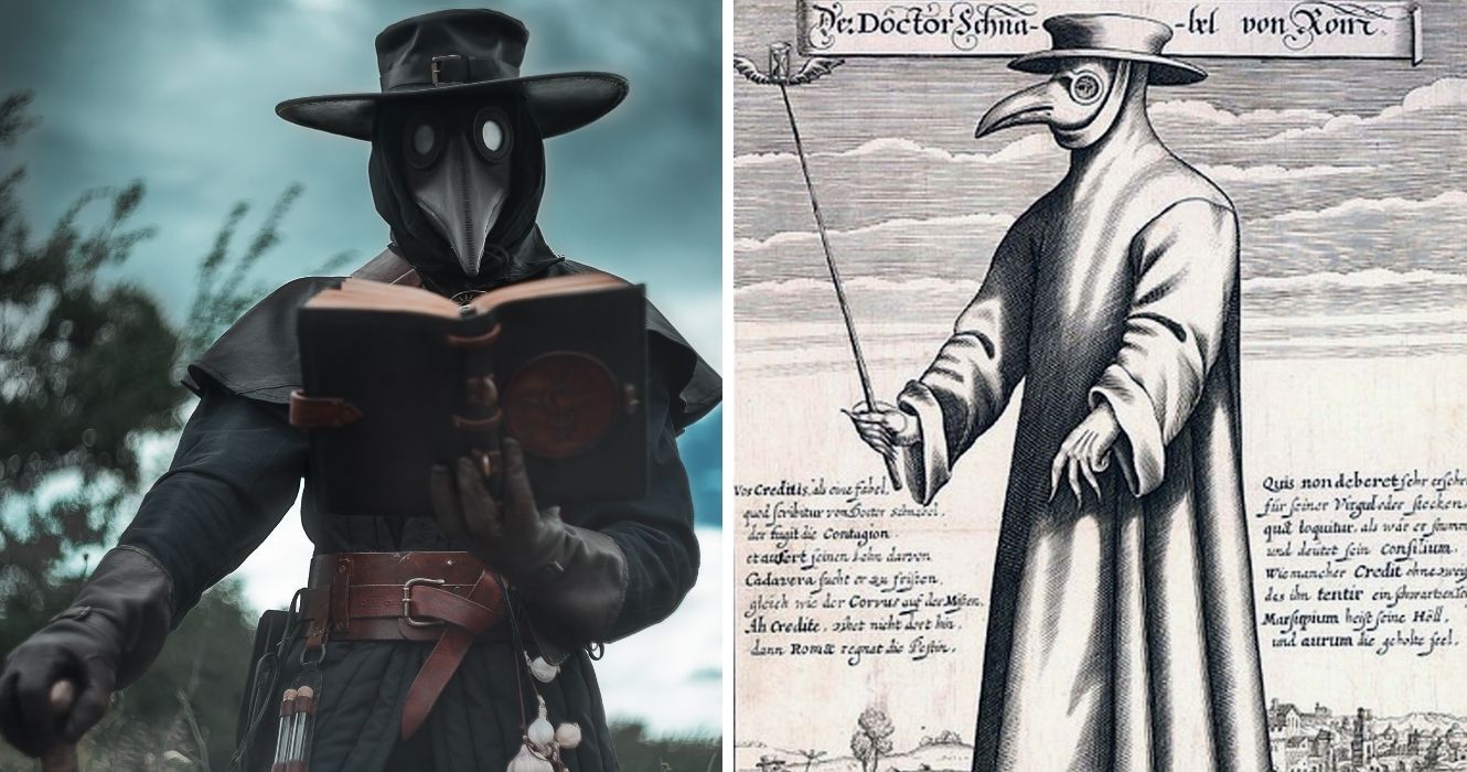 A verdadeira história do médico da peste: de onde veio? 1 uma pessoa em uma fantasia de médico da peste, a ilustração original do médico da peste