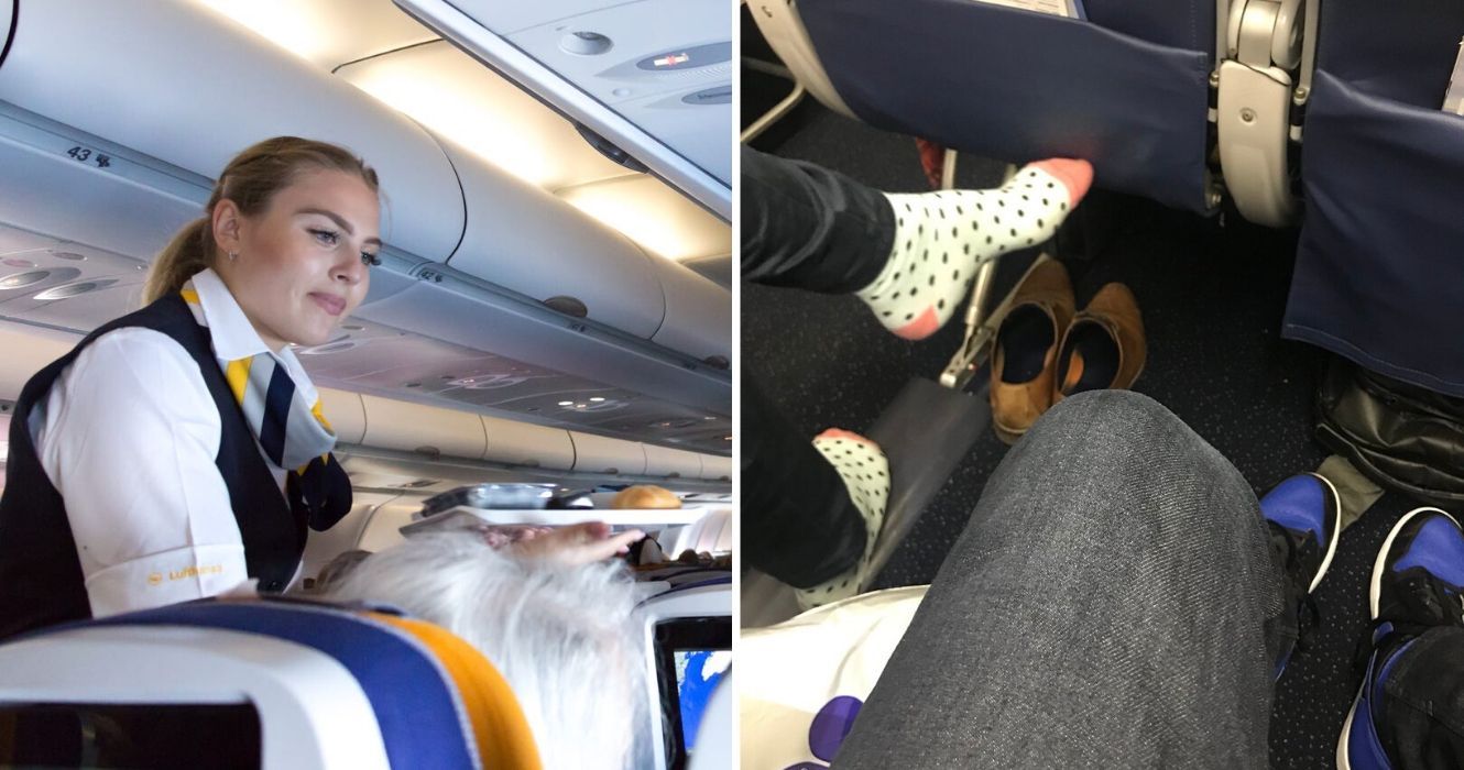 Aqui está o que os comissários de bordo são educados demais para dizer aos passageiros 1 um comissário de bordo ajuda um passageiro, um passageiro em um avião não usa sapatos