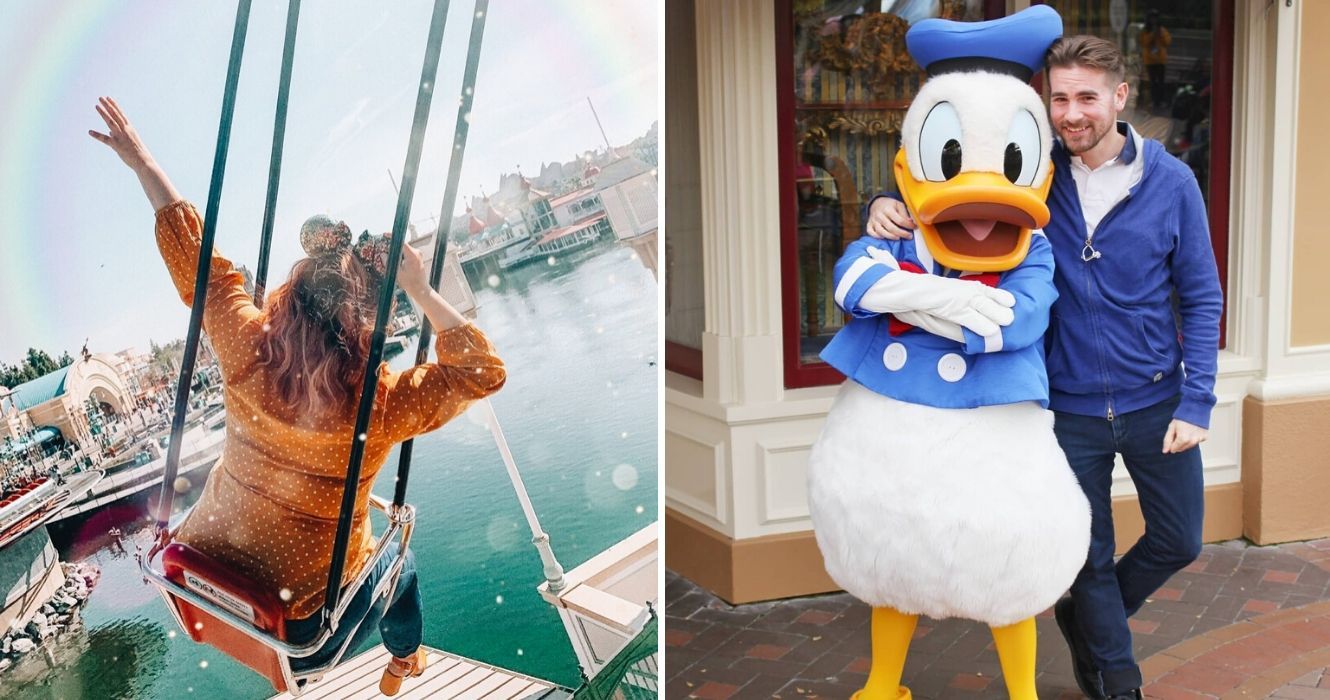 Aqui está o que os funcionários da Disneyland optam por não dizer aos visitantes 1 uma garota anda nos balanços da disneylândia, um frequentador do parque conhece o pato donald