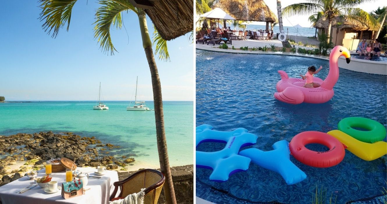 Aqui está o que "All-Inclusive" Resorts no Caribe podem cobrar turistas (surpresos) por 1 uma mesa com café da manhã em um resort caribenho, uma garota vai nadar em uma piscina com boias '#yolo'