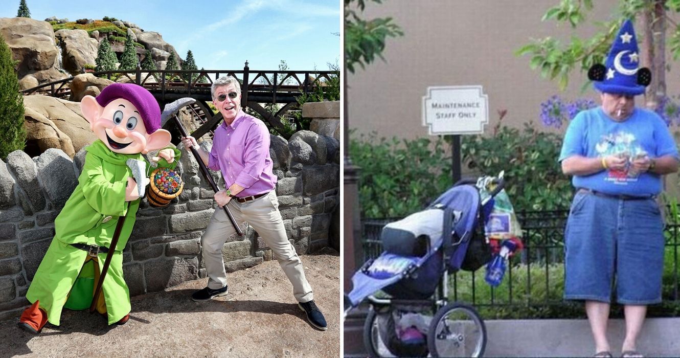 o apresentador do AFV posa com um anão branco como a neve, um homem de chapéu mickey fuma na disney world
