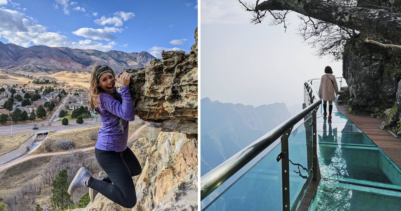 uma garota finge cair de um penhasco durante uma caminhada, um turista atravessa a ponte de vidro na china