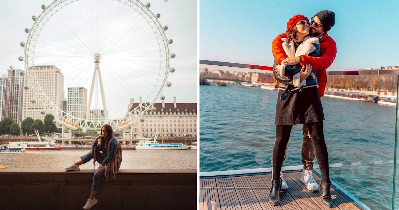 As melhores ofertas de voos para a Europa (para quem planeja férias de última hora) 1 uma garota senta na frente da roda gigante em londres, um casal se abraça no cais em paris
