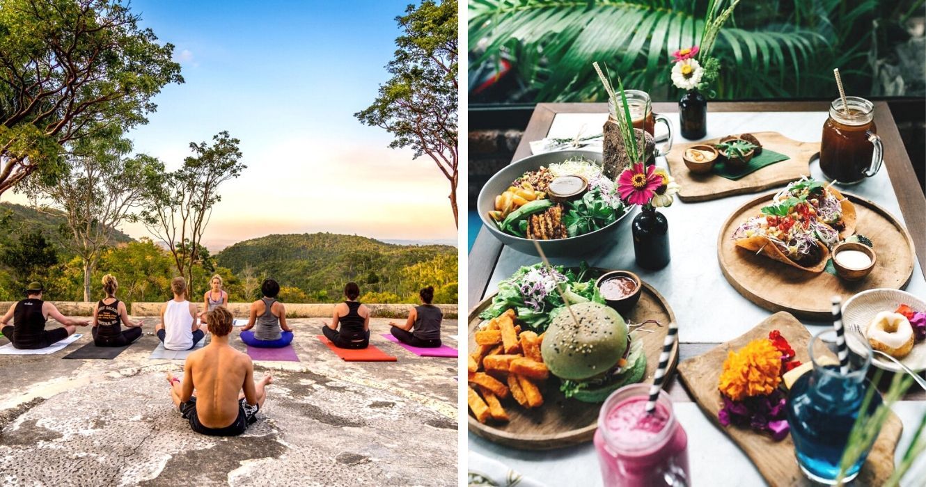 Chama-se A "Férias de Fitness" E é mais divertido do que parece 1 aulas de ioga praticando em um penhasco, comida saudável em uma ilha tropical