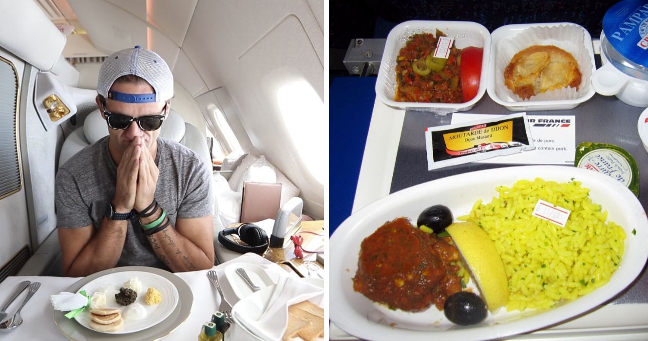 Como é a comida de avião nessas companhias aéreas populares 1 sendo servido uma refeição na primeira classe, uma foto de comida em um avião