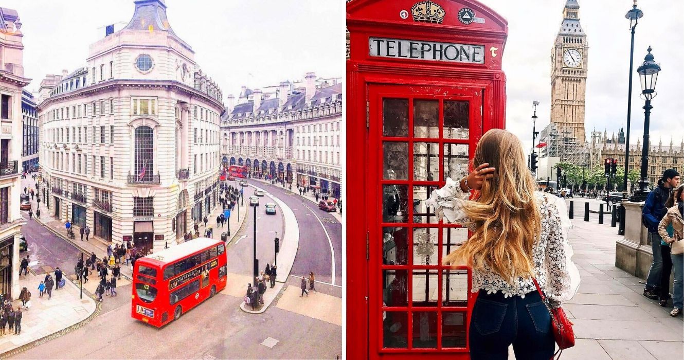 Como não ir à falência em Londres 1 uma vista aérea das ruas de londres, uma garota do lado de fora de uma cabine telefônica perto do big ben