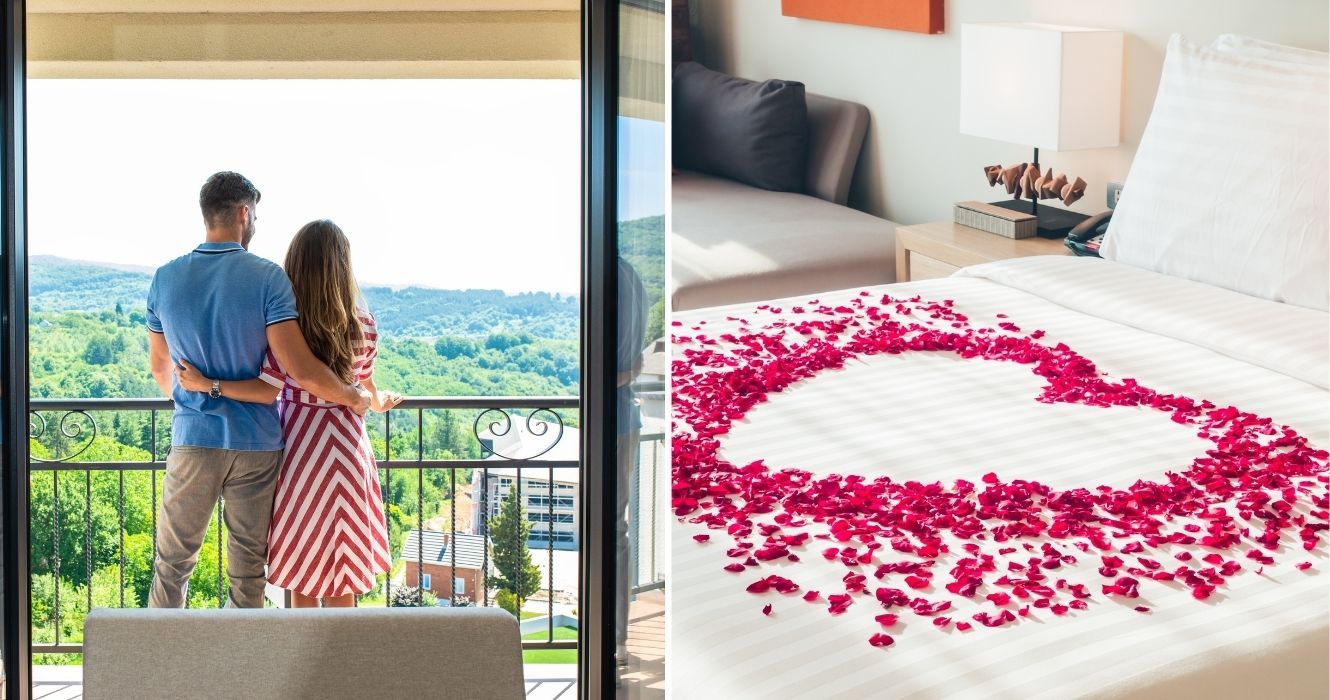 Como tornar seu quarto de hotel ou aluguel de temporada romântico para uma doce escapadela de dia dos namorados 1 um casal olhando para uma varanda, pétalas de rosa em forma de coração em uma cama