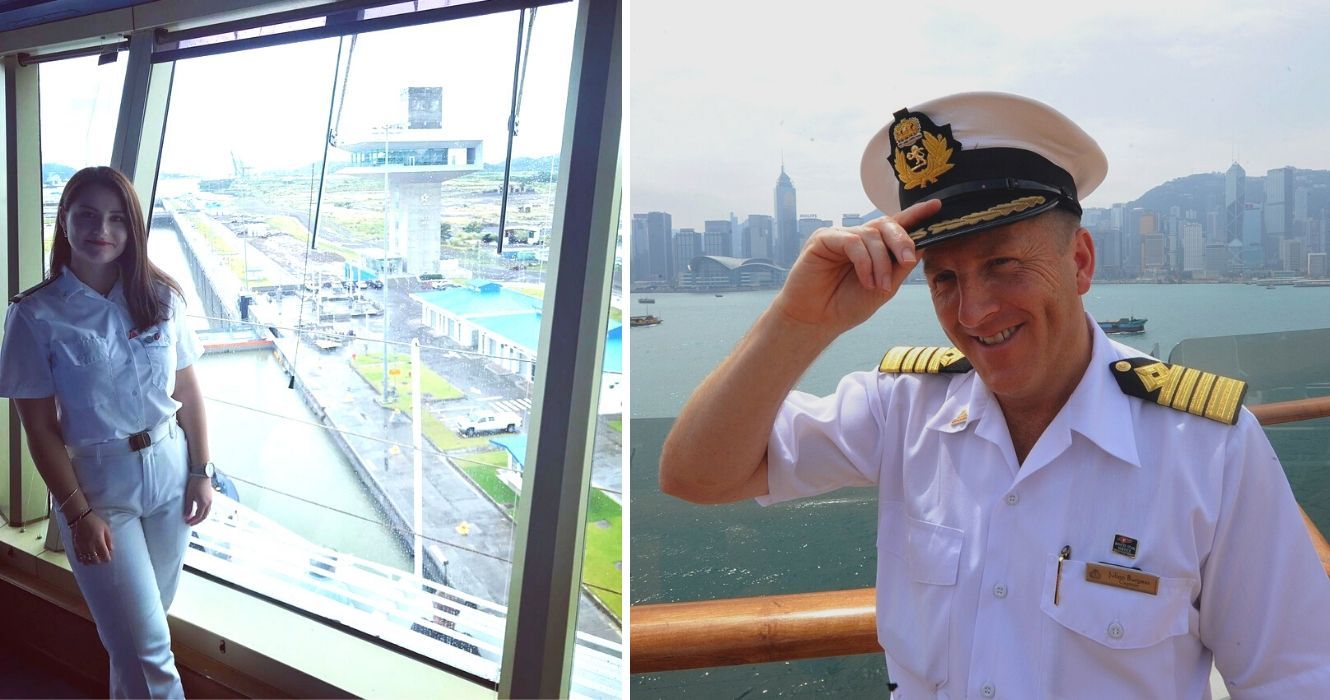De acordo com a equipe do navio: Veja como é trabalhar na Norwegian Cruises 1 um oficial de convés está ao lado de uma janela em um navio de cruzeiro, um capitão de um navio norueguês está no convés