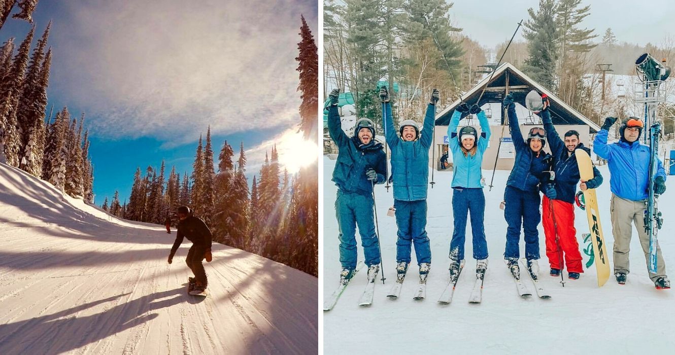 (De acordo com comentários) Estas estações de esqui nos EUA têm mais neve 1 um snowboarder atinge as pistas, um grupo de amigos se encontra em uma estação de esqui