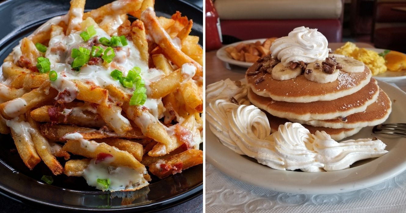 Diner Devotion: Classificando os principais alimentos de lanchonete do país, por popularidade 1 batatas fritas carregadas e panquecas em um restaurante