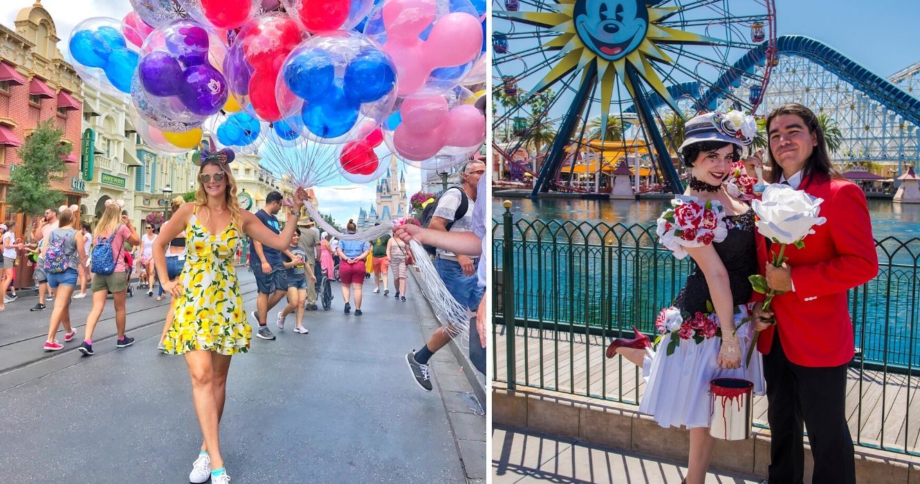 Disneyland Vs Walt Disney World: como escolher entre eles 1 uma garota tira uma foto na disney world com balões do mickey mouse, dois atores posam para uma foto na disneyland