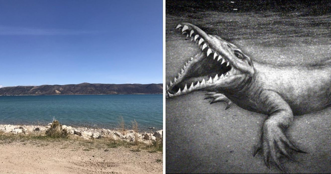 Diz-se que o monstro Bear Lake persegue a fronteira Utah-Idaho, mas é real? 1 lago dos ursos em utah, um desenho do monstro do lago dos ursos