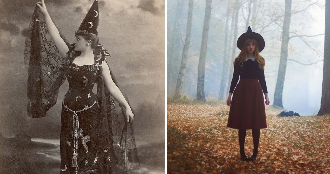 É assim que o Halloween se parece ao longo das décadas 1 uma fantasia de bruxa vintage e uma fantasia de bruxa moderna