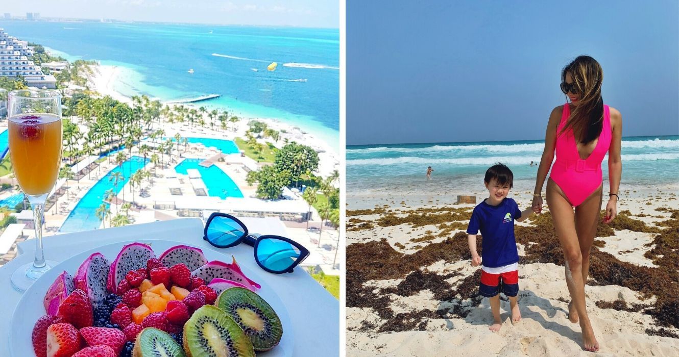 uma pasta de frutas com uma bebida tropical com vista para um resort no méxico, uma mãe e seu filho caminham pela praia em cancun
