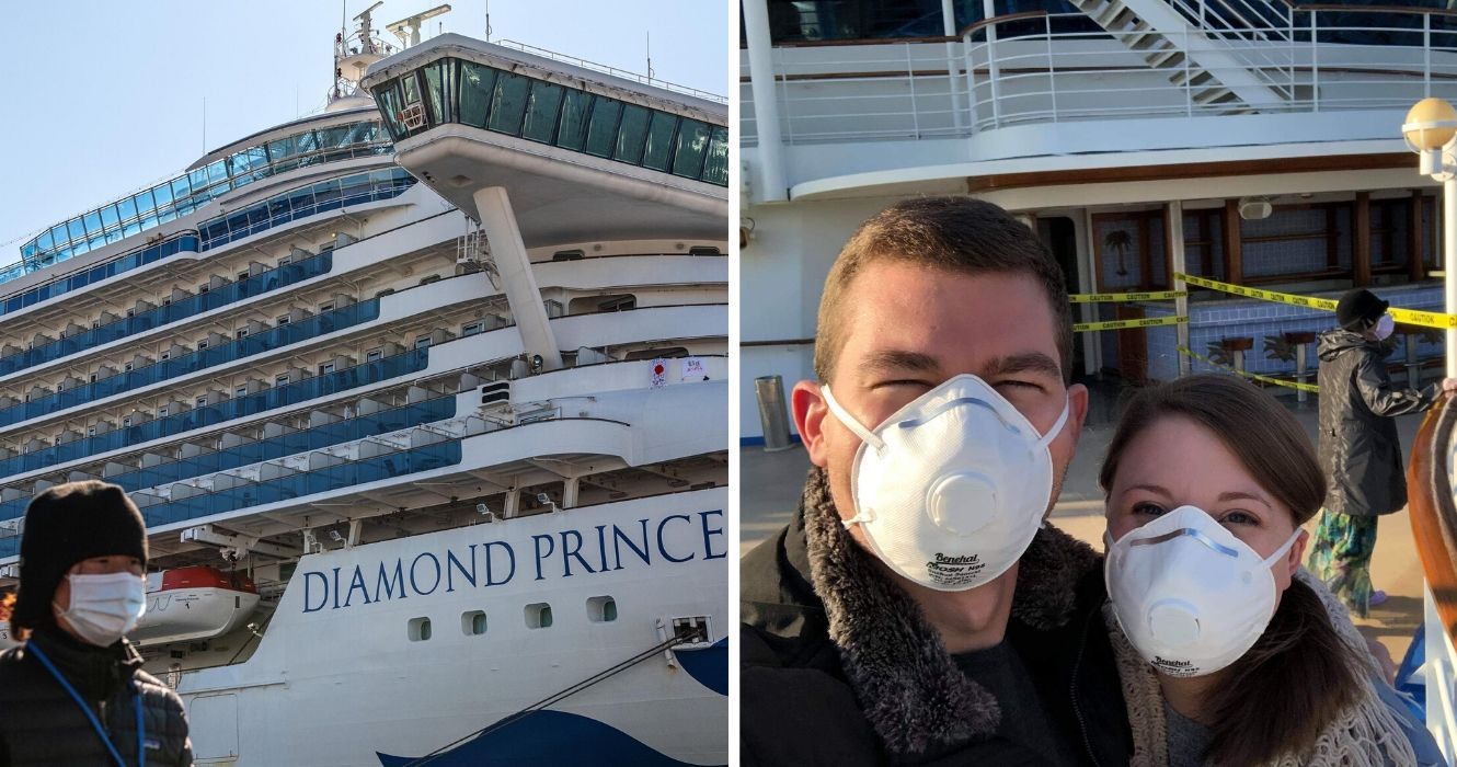 Essas linhas de cruzeiro estão ignorando o COVID-19 (e decepcionando os EUA) 1 um passageiro da Princess Cruise Lines passa com uma máscara médica, um casal em quarentena em um cruzeiro