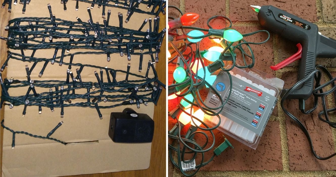 Esses truques de iluminação natalina mudarão a maneira como você decora para sempre 1 usando papelão para guardar as luzes de natal, usando cola quente para colocar as luzes de natal