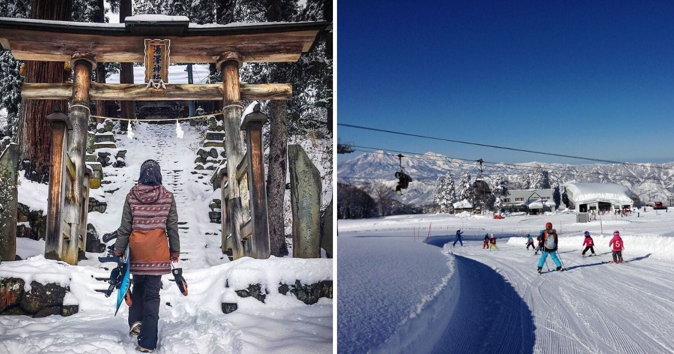 Estas estações de esqui no Japão têm as melhores críticas no Trip Advisor 1 um snowboarder carrega sua prancha até uma encosta no japão, esquiadores descem em um resort de inverno japonês