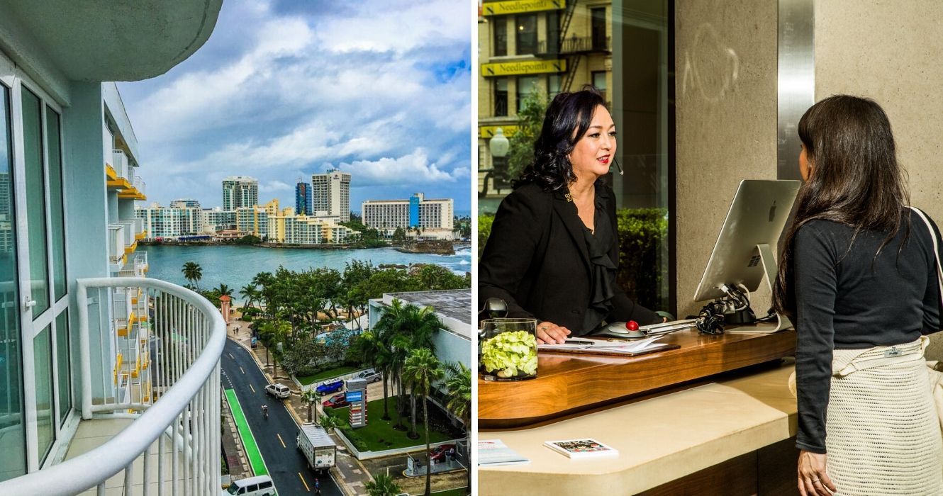 Estas são as cadeias de hotéis populares com a equipe mais feliz 1 vista da sacada de um hotel hilton, o concierge ajuda um hóspede nas férias