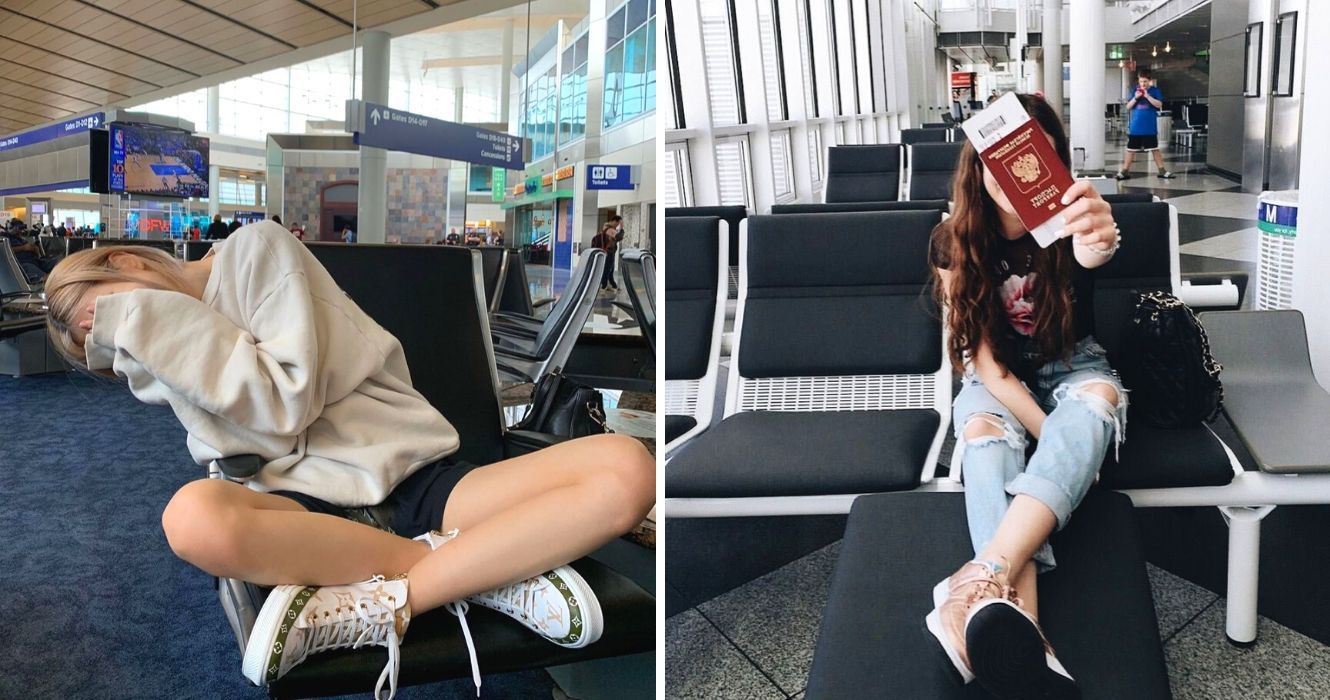 uma garota cobre o rosto enquanto espera para embarcar em um avião, uma garota mostra seu passaporte no portão do aeroporto