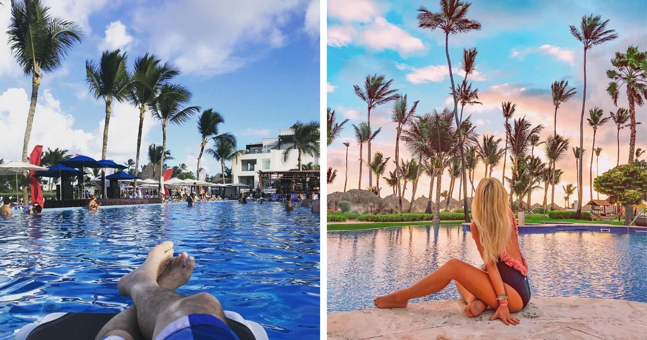Estes resorts com tudo incluído na República Dominicana têm as melhores avaliações do Trip Advisor 1 flutuando em uma piscina em um resort na república dominicana, sentado à beira da piscina ao pôr do sol em férias dominicanas