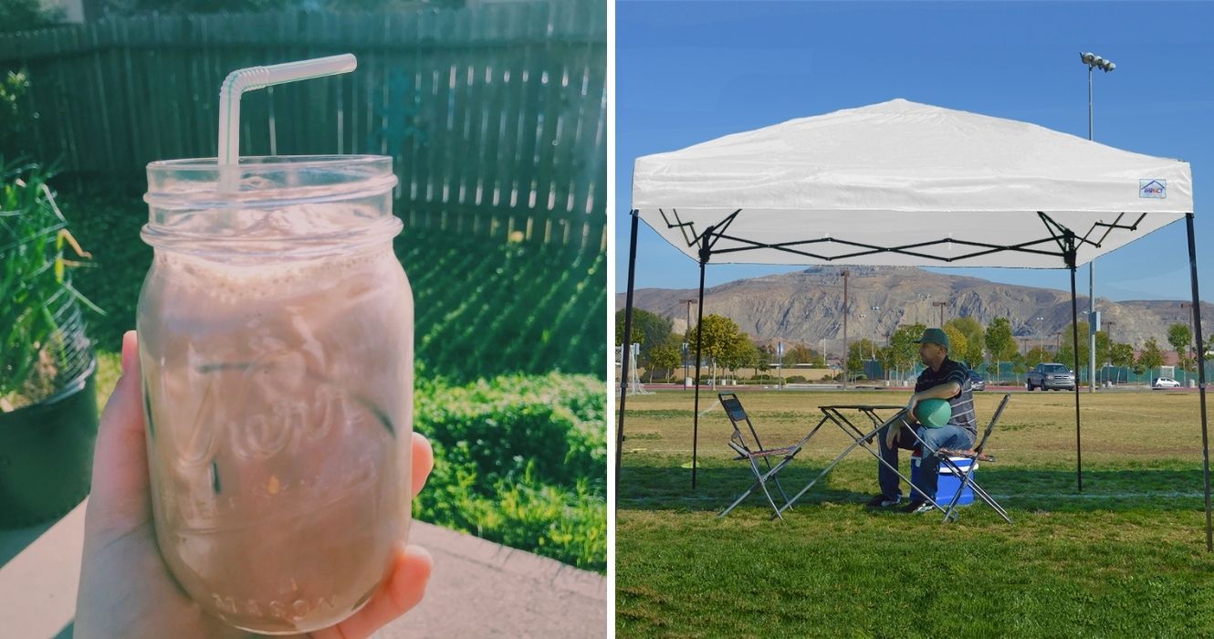 Hacks de uso não autorizado para o melhor churrasco de esportes de verão 1 café gelado em uma jarra, um homem sentado sob um dossel