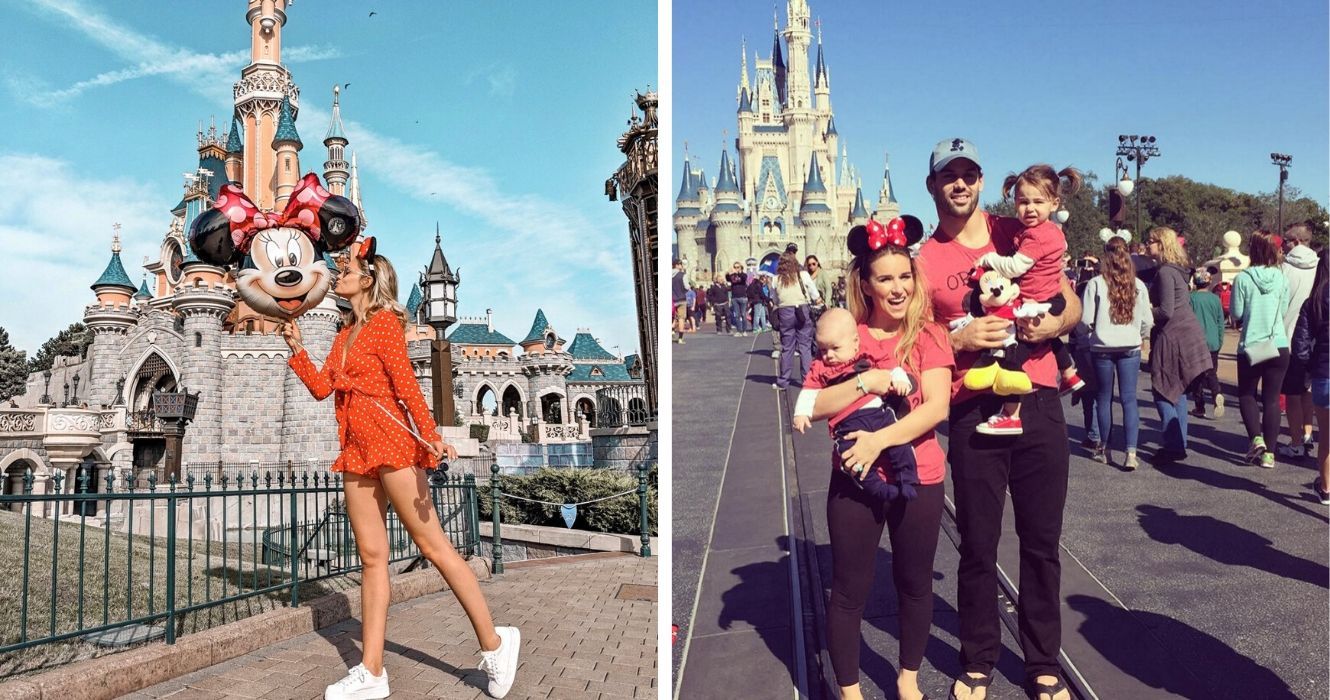 um fã da disney beija um balão do mickey mouse, uma família de férias posa para uma foto em frente ao castelo da cinderela no mundo da disney