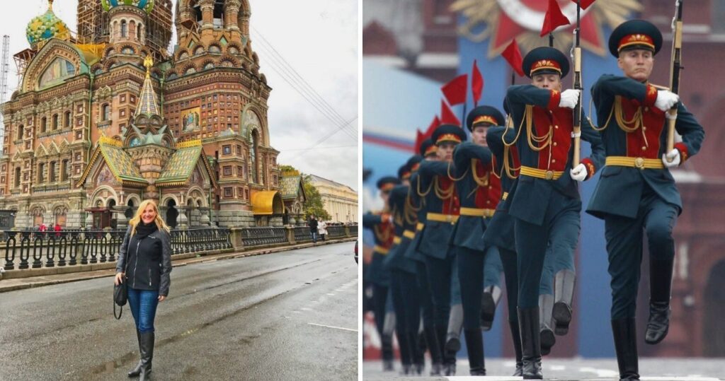 a woman takes a photo in russia, russians celebrate victory day
