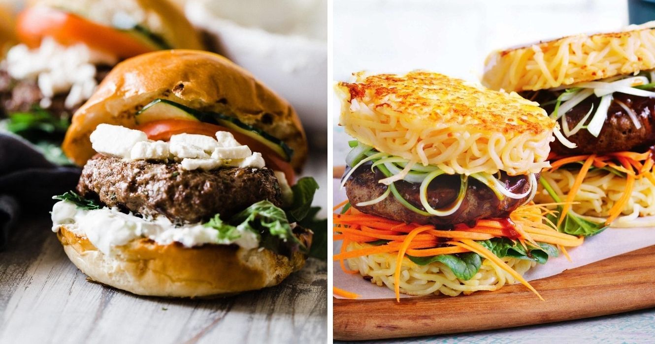 O verão está acabando, então estamos comemorando com as melhores receitas de hambúrguer de todo o mundo 1 um hambúrguer de giroscópio grego, um hambúrguer de ramen