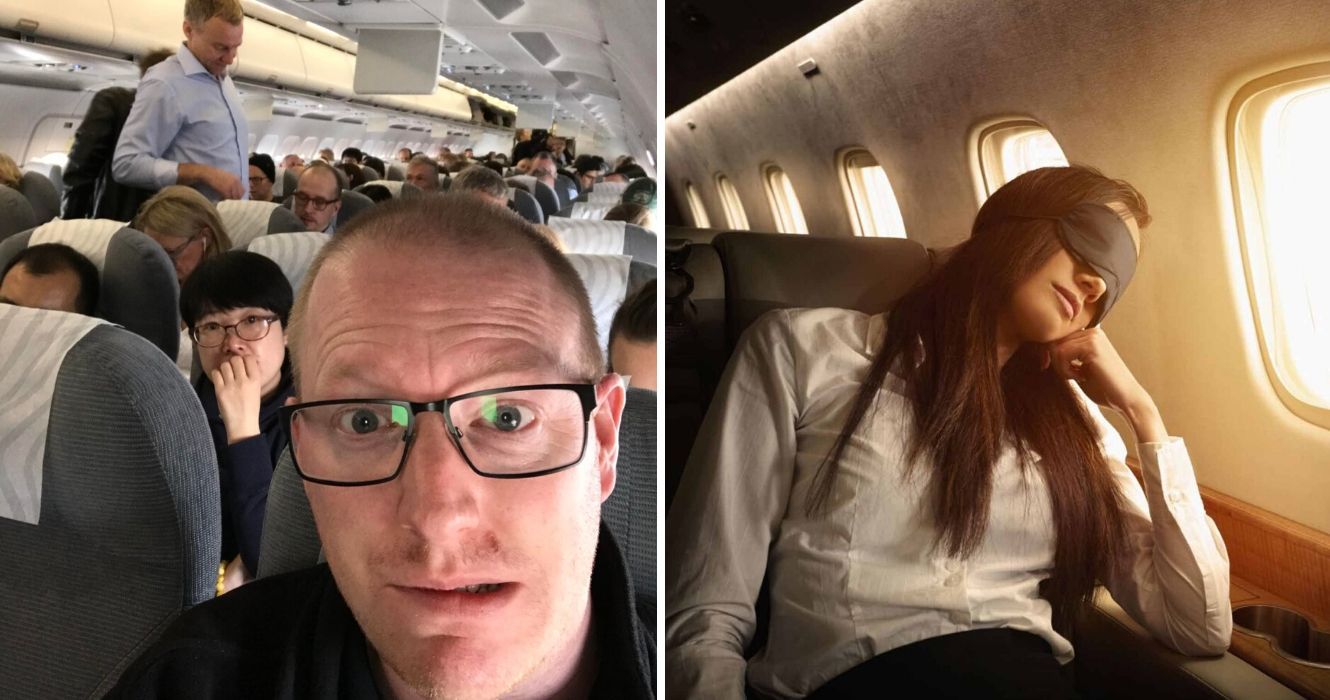 Os comissários de bordo não vão acordar os passageiros dormindo (mas aqui está o que eles vão fazer) 1 um homem tira uma estranha selfie de avião, uma garota dorme em uma viagem de avião