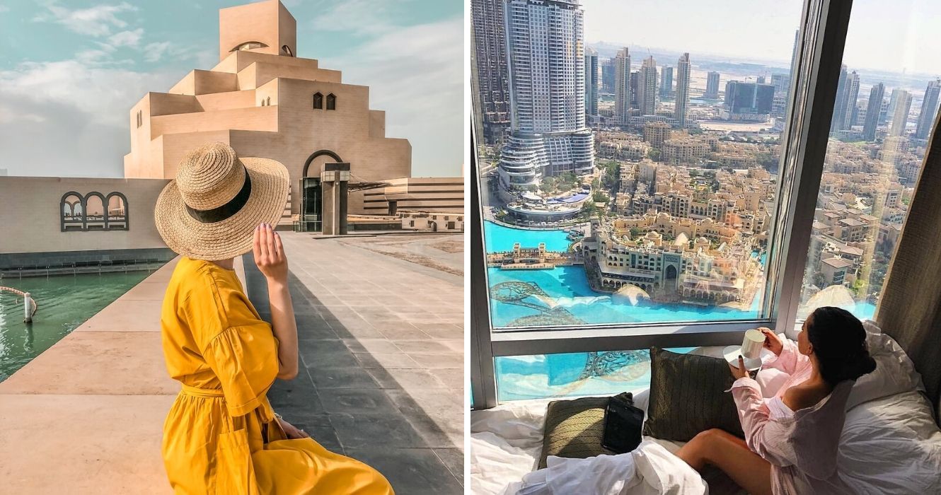 uma garota sentada do lado de fora de um museu no oriente médio, a vista de um quarto de hotel nos emirados árabes unidos