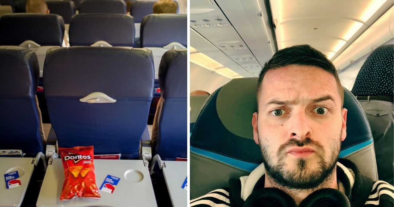 Os melhores e piores assentos de avião que você pode escolher em um voo da Southwest Airline 1 um saco de doritos em uma bandeja de avião na Southwest Airlines, um homem tira uma selfie em um avião