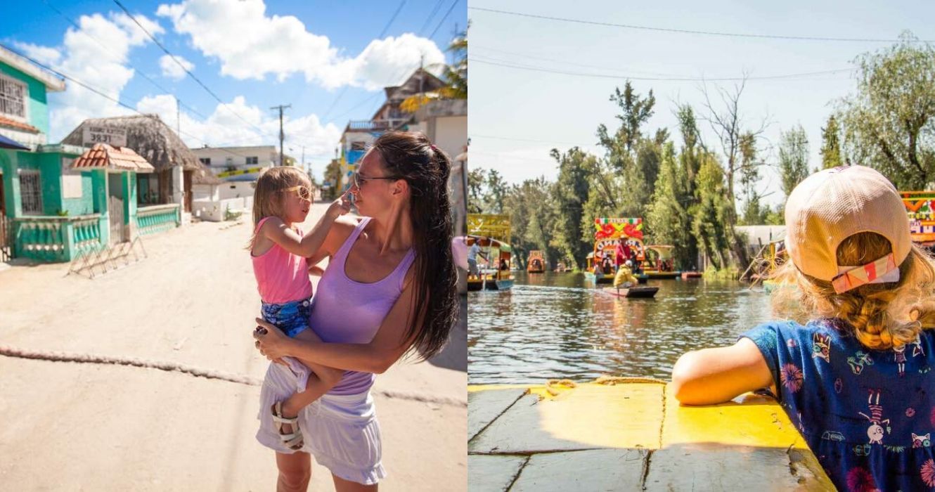 uma mãe segura a filha nas férias no méxico, uma criança assiste à diversão em um parque aquático